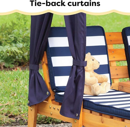 KidKraft Wooden Outdoor Double Chaise Lounge with Cup Holders, Kid's Patio Furniture, Honey with Navy and White Striped Fabric, Gift for Ages 3-8