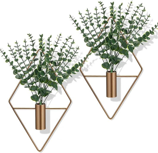 4 Pieces Bronze Wall Decor Hanging Planters with Artificial Plants Metal Hanging Vase Indoor Plants Holder Modern Boho Wall Art for Bathroom Bedroom Living Room Decor, Eucalyptus
