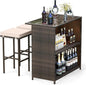 Tangkula 3 Piece Patio Bar Set, Outdoor Rattan Bar Table and 2 Stools with Tempered Glass Tabletop, 2-Tier Storage, Removable Cushions, Outside Wicker Conversation Set