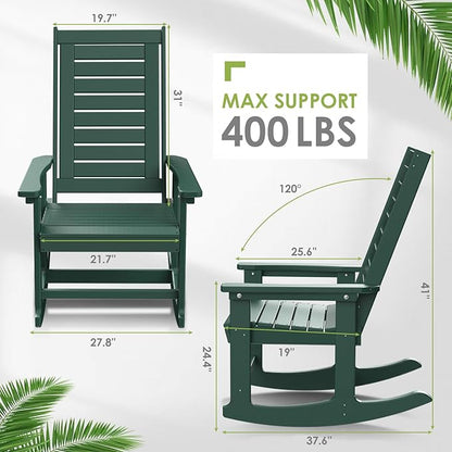 GREENVINES Outdoor Rocking Chair Set | 3-Piece | 2 Rocking Chairs with 1 Side Table | Porch Rocker | HDPE Plastic | Forest | Patio Furniture Sets | High Back | Big & Tall | Ladder Back
