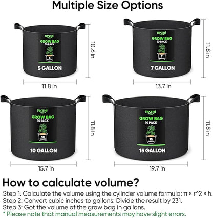 Grow Bags for Potato 5-Gallon: 10 Pack Black 350G Heavy Duty Thickened Fabric Pots with Handles & Labels - Nonwoven Gardening Containers for Growing Plants Vegetable Fruit Tomato Flowers Herbs