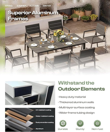 Outdoor Dining Set for 4, Aluminum Patio Table and Chairs Set with Umbrella Hole, 5 Piece HDPS Outdoor Furniture Set for Patio, Garden (Charcoal)