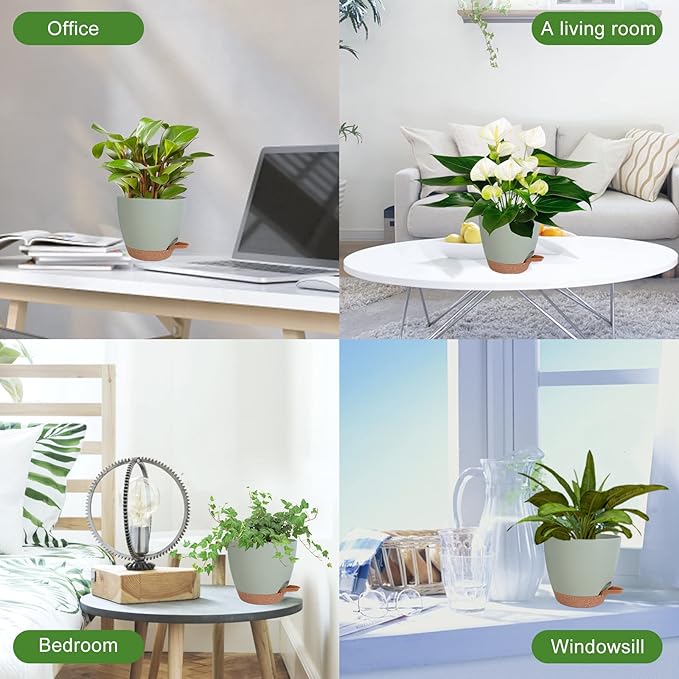 Plant Pots Indoor 7/6.5/6/5.5/5 Inch Self Watering Planters for Indoor Plants with Drainage Hole, Plastic Flower Pots for Succulents, African Violet (Green)