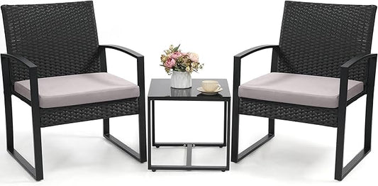 3 Piece Wicker Patio Bistro Set, Rattan Conversation Set with Coffee Table, for Balcony, Porch, Garden, Yard, Poolside, Black Frame with Grey Cushion