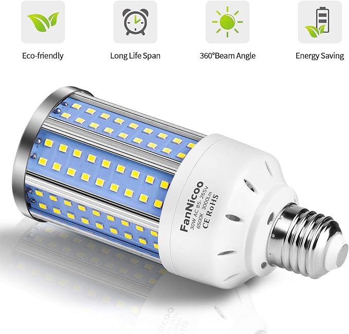 2-Pack 200W Equivalent LED Corn Light Bulb 3000 Lumen 6500K Cool White Daylight 30W LED Corn Lamp E26/E27 Medium Base for Indoor Outdoor Warehouse Garage Basement Backyard Factory Barn and Many Areas