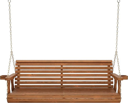 Amish Casual 4 Foot Roll Back Porch Swing with Cup Holders in Oak Stain - Amish Made in The USA from Treated Pine Heavy Duty 700 Lb. Weight Capacity