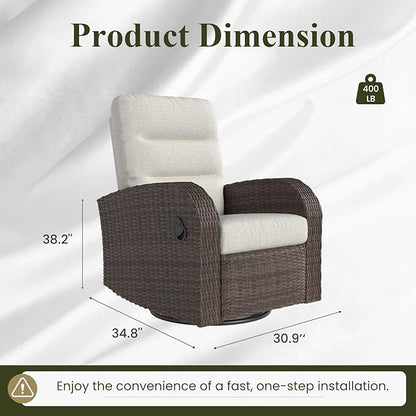 LayinSun Oversized Wicker Outdoor Swivel Glider Recliner with Adjustable Backrest & Footrest, Patio Reclining Lounge Chair - Set of 2