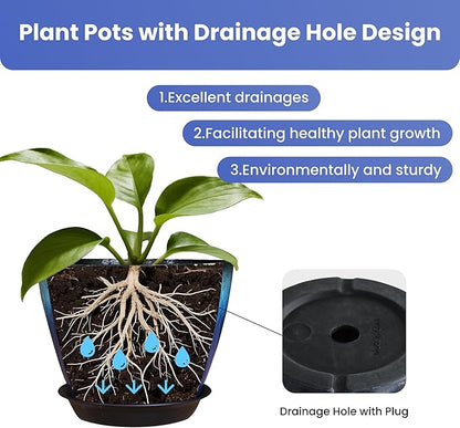 8 inch Plant Pots with Drainage Holes, Pack of 4 Plastic Flower Pots Indoor, Modern Glossy Finishing Planter for Indoor Outdoor Plants (Blue Glaze, 4 Pack)