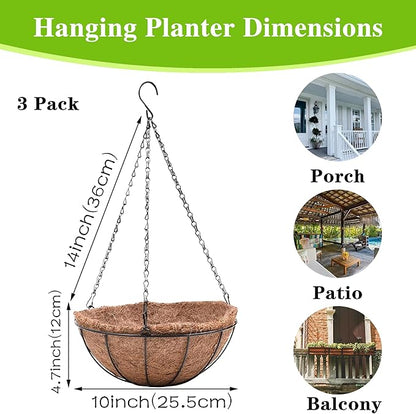 Hanging Planters Basket Set of 3 Hanging Flower Pots 10 Inch Chain Round Wire Plant Holder with Coco Coir Liner Garden Watering Hanging Baskets for Patio Garden Outdoor1