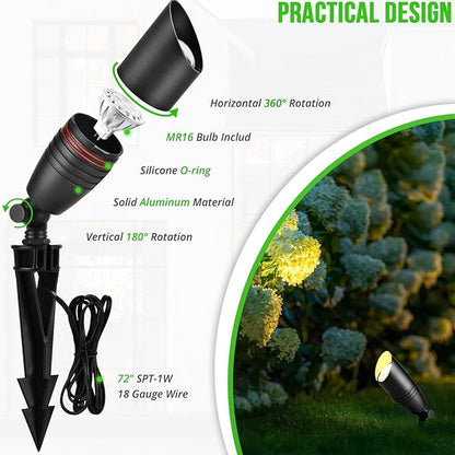 wowlite Low Voltage Spot Lights Outdoor LED 4 Pack, Die-cast Aluminum Landscape Spotlights, Waterproof Black Uplights with MR16 Bulbs Ground Stake for Garden Courtyard Pathway