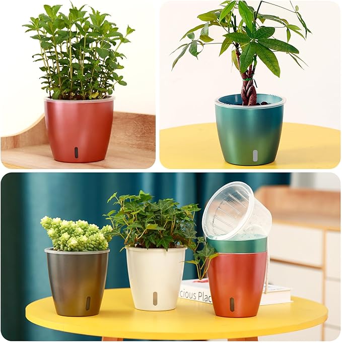 Self Watering Pots for Indoor Plants, 4-Pack 6.7'' Self Watering Planter with Drainage Holes, Small African Violet Pots with Water Indicator, Clear Wick Orchid Pot, Rose Gold