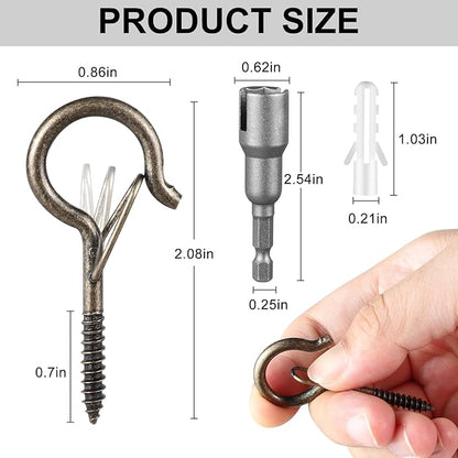 24 PCS Q-Hanger Hooks, Screw Hooks for Outdoor String Lights, Safety Buckle Design Cup Eye Hook for Hanging Christmas Lights, Plants, Mounted on Wall Ceiling, Include 1 Wing Nut Driver, Copper