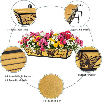 6 Pack 24 Inch Window Boxes Planter Railing Planters Box with Adjustable Brackets for Porch Deck Balcony Hanging Butterfly Decorative Flower Baskets & Non-Woven Fabric Liner for Outdoor Plants - Black