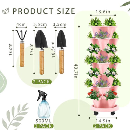 Umigy 2 Set of 7 Tier Vertical Planter Stackable Tower Planters Strawberry Herb Flower and Vegetable Pots Indoor Outdoor Gardening Pots with Removable Wheels and Tools(Pink)