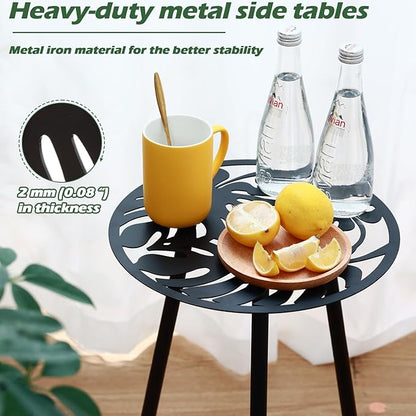 1 Pack Metal Outdoor Side Tables Small Outside Round End Table for Patio Modern Accent Garden Corner Table for Small Spaces, Balcony, Porch, Weather-Resistant, Plant Stand Indoor, Black
