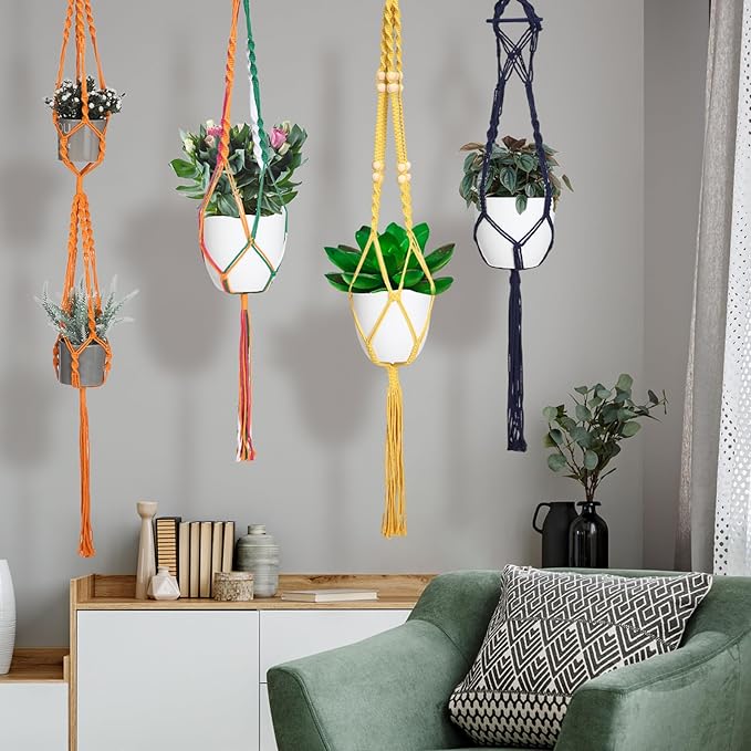 Hoteam 12 Pcs Macrame Plant Hangers Macrame Hanging Planters for Indoor Plants Handmade Boho Hanging Baskets Flower Pots Holder for Outdoor Home Wall Decor