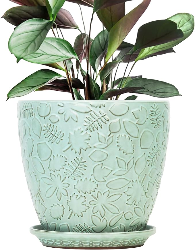 10 inch Plant Pots Ceramic Planter with Drainage Holes and Saucer for Multiple Plants, Indoor-Outdoor Garden Pots for Succulent, Orchid, and Flower