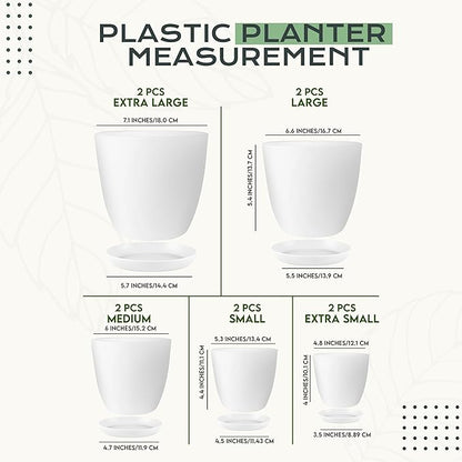 Utopia Home - Plant Pots Indoor with Drainage - 7/6.6/6/5.3/4.8 Inches Flower Pots for Indoor Planter - 10 Pack Plastic Planters - Ideal for Stocking Stuffers or Home Christmas Decorations - White