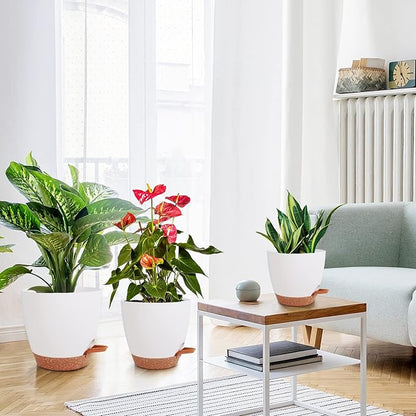 Flower Pots, 8/7/6.5/6/5.5/5 Inch Self Watering Planters for Indoor Outdoor Plants with Drainage Hole, Plastic Planters for House Plants(White)