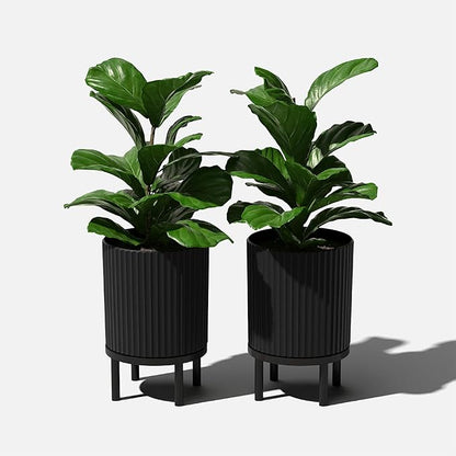 Veradek Demi Series Round Planter w/Stand for Porch/Patio | Durable Plastic-Stone Composite & Wooden Stand | Modern Décor for Tall Plants, Flowers