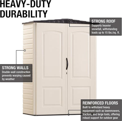 Rubbermaid Small Vertical Resin Outdoor Storage Shed With Floor (2.3 x 4.6 Ft), Weather Resistant, Beige/Brown, Organization for Home/Backyard/Pool Chemicals/Toys/Garden Tools/Porch/Patio Cushions