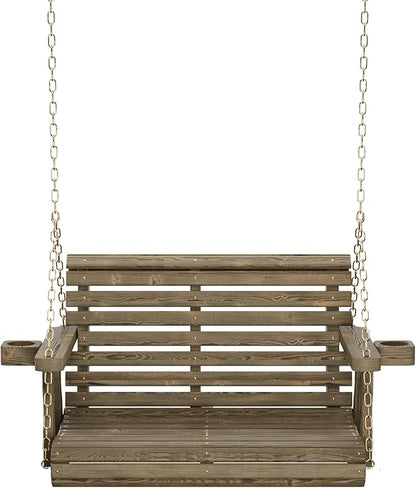 Amish Casual 3 Foot Roll Back Porch Swing with Cup Holders in Dark Walnut Stain - Amish Made in The USA from Treated Pine Heavy Duty 700 Lb. Weight Capacity