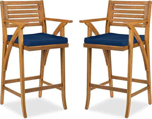 Best Choice Products Set of 2 Outdoor Acacia Wood Bar Stools Bar Chairs for Patio, Pool, Garden w/Weather-Resistant Cushions - Navy