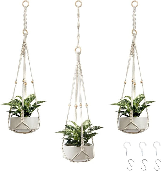 CADNLY Macrame Plant Hangers Indoor – Rope Hanging Plant Holder with Extender - Boho Hanging Planters Indoor - White Macrame Hanger Outdoor Flower Pot Holder from Ceiling Wall 3 Pack 6 Hooks