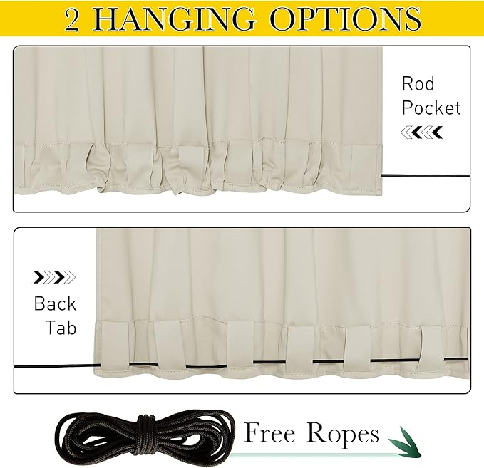 NICETOWN 2 Panels Weighted Outdoor Curtains for Patio Waterproof, Thermal Insulated Grommet & Back Tab on Top & Bottom Windproof Sun Blocking Draperies for Gazebo with Fixed Rope, Beige, W66 x L84