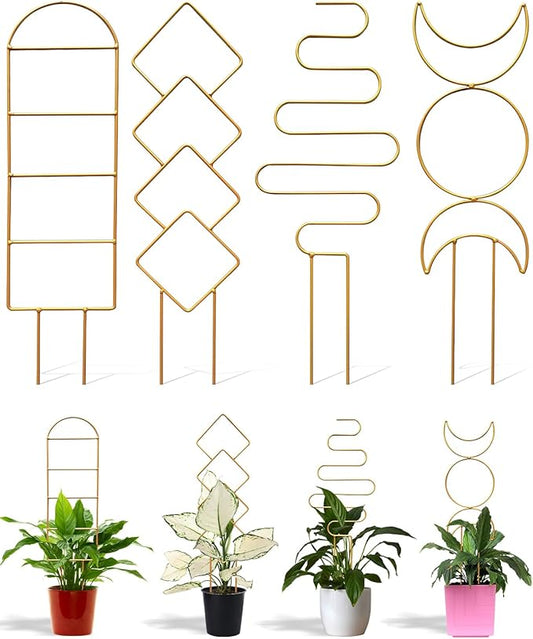 4 Pack Trellis for Climbing Plant Indoor, Small Metal Garden Trellis for Potted Plants Outdoor, Stake Mini Houseplant Trellis Support for Hoya, Vines, Pothos, Monstera (Gold)