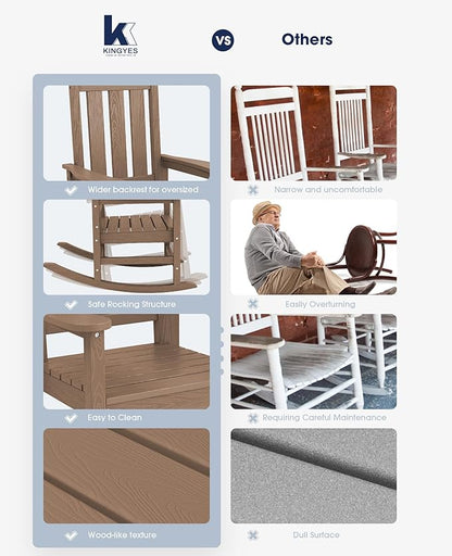 KINGYES Oversized Outdoor Rocking Chair Set of 4, All-Weather Patio Rocking Chairs for Porch, HDPE Outdoor Patio Rockers with High Back & Wide Seat for Garden, Lawn, Brown