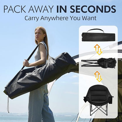 Oversized Camping Chairs for Adults - Heavy Duty Padded Outdoor Folding Lawn XL Camp Chair with Cup Holder Cooler Pockets for Outside Sports Beach Fishing Garden Portable Supports 500lbs, AllBlack