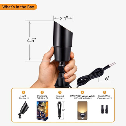 Gardenreet Landscape Spotlights Low Voltage - Brass Outdoor Uplight LED 12V, Wired Spot Lights IP65 Waterproof, Black for Exterior Garden Yard Tree House with 5W 2700K Warm White MR16 Bulb