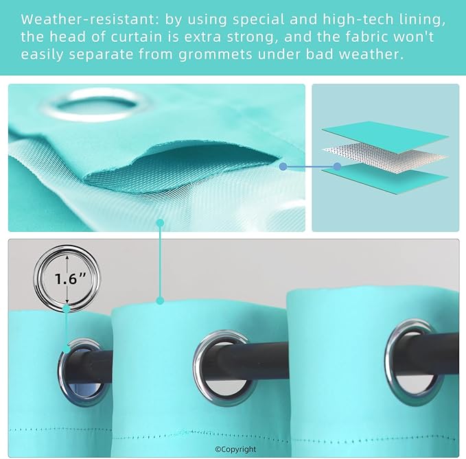 Waterproof Outdoor Curtain W84 x L120 - Grommet Top Sunlight Blocking Window Treatment Drapes Blackout Curtains for Home Bedroom Living Room Patio Pergola Cabana Gazebo (Teal Blue, 2 Panels)