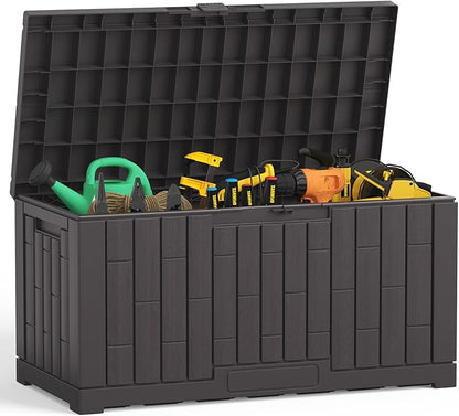NEWBULIG 60 Gallon Deck Box, Waterproof Outdoor Storage Box with Lockable Lid, Patio Furniture Bench & Side Table, Outside Storage Container, Tool-Free Assembly, for Garden, Pool, Brown