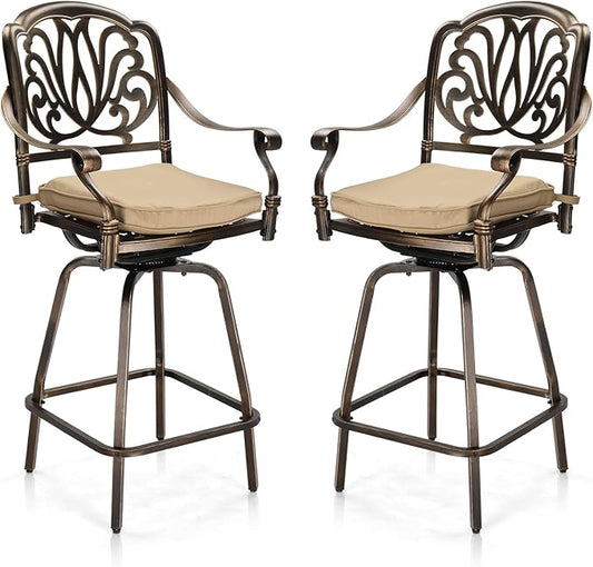 VINGLI Outdoor Swivel Bar Stools Set of 2, Cast Aluminum Patio Bar Height Chairs, All-Weather Bar Dining Chairs Outdoor Swivel Patio Furniture (Elizabethan Back)