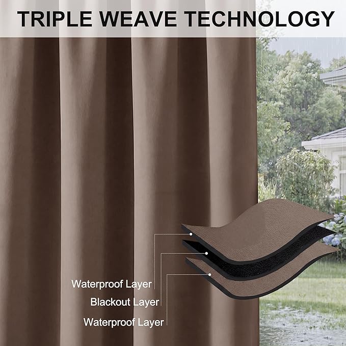 RYB HOME Outdoor Curtains for Patio - Extra Wide Blackout Waterproof Indoor Outdoor Solar Curtains for Balcony Yard Screen Porch Window, 150 inch Width x 95 inch Length, 1 Panel, Mocha