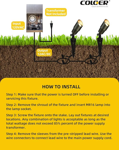 COLOER Die-cast Brass Low Voltage Spotlight 1-Pack with 5W Aluminum Housing MR16 LED Bulb 2700K 450LM CRI85+,12V AC/DC Outdoor Landscape Lighting, Directional Garden Patio Spot Up Light(101B)