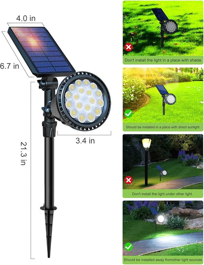 DBF Solar Spot Lights Outdoor Waterproof IP65, Cool White, 600LM High Bright, 2 Brightness Modes, 18 LED, Auto On/Off, Angel Adjustable for Flag Pole Garden Yard Patio Driveway Tree, 2 Pack