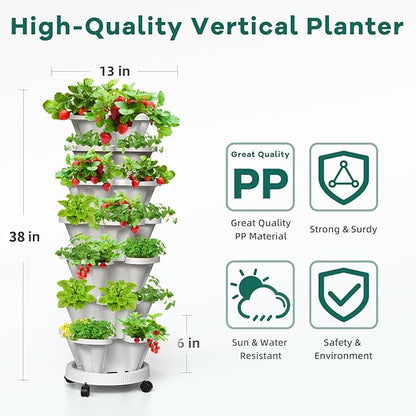 Strawberry Vertical Planter Tower Garden, 7 Tiered Stackable Planter Herb Garden Planter with Movable Casters and Bottom Saucer Indoor and Outdoor - White