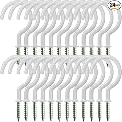 24 Pack Ceiling Hooks for Hanging Plants - 2.2 inches Heavy Duty, Hanging Hooks for Christmas Lights, Cups, Decors - White Vinyl Coated Screw in Plant Hanger Hook Indoor and Outdoor