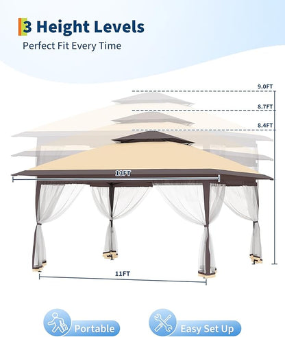 Canopy Tent 13x13 ft, Pop Up Gazebo One-Push Setup with 4 SandBags for Backyard Parties and BBQs, Mosquito Netting & Height Adjustable - Khaki & Coffee