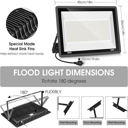 400W LED Stadium Flood Light Outdoor,2400W Equivalent 50500LM 5000K Daylight White Super Bright FloodLight with Plug,85-277V IP66 Waterproof Commercial Lighting for Sports Fields,Counts,Arena