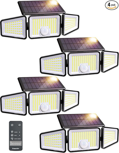 Ensenior Solar Lights Outdoor Motion Sensor, 2600LM 220 LED High Brightness, 3 Head 270° Wide Angle Flood Lights, Remote Control Security Lights 4 Modes, IP65 Waterproof Wireless Wall Light, 4 Pack