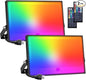 Onforu 2 Pack LED RGBW Flood Lights Outdoor 70W, 2700K Warm White Dimmable Million Color Changing Floodlight Waterproof with Remote, DIY Stage Lights Uplighting Indoor for Party