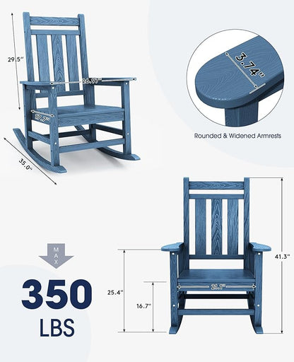 KINGYES Oversized Outdoor Rocking Chair Set of 6, All-Weather Patio Rocking Chairs for Porch, HDPE Outdoor Patio Rockers with High Back & Wide Seat for Garden, Lawn, Blue