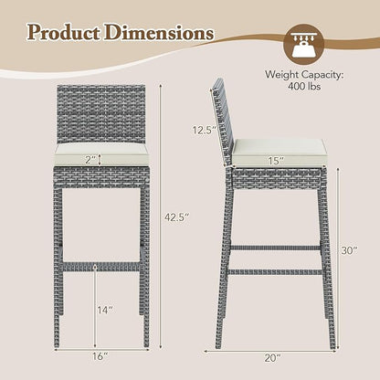 HAPPYGRILL Patio Wicker Barstools Set of 2, Outdoor Bar Height Chair w/Soft Seat Cushion & Cozy Footrest, Heavy-Duty Metal Frame, 400 lbs Max Load, Rattan Armless Bar Chairs