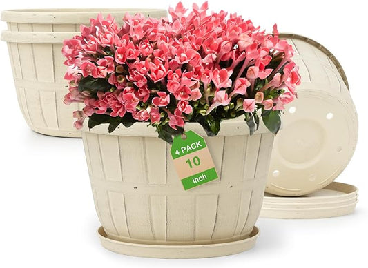 Quarut 10 inch Plastic Flower Pots for Indoor Plants，4 Pack Large Outdoor Planter Pot with Drainage Holes & Saucers，Imitation Wine Barrel Design，for Indoor Outdoor Garden Plants（White）