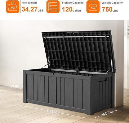 DRATO 120 Gallon Large Deck Box, Outdoor Storage Box for Patio Furniture, Patio Cushions, Gardening Tools, Pool Supplies,660lbs Weight Capacity,Waterproof Resin Storage Boxes（Black，120 Gallon）