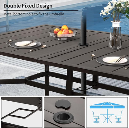 Outdoor Metal Steel Rectangle Patio Dining Table, 6 Person Patio Table with Adjustable Umbrella Hole, Weather-Resistant for Garden Backyard Porch, Dark Brown